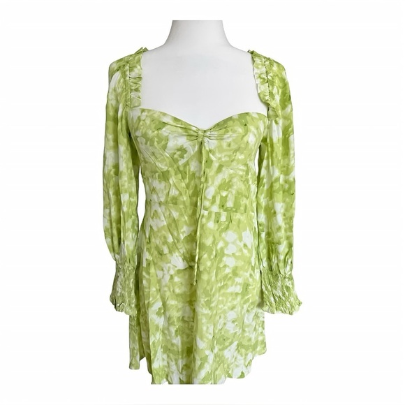 Faithfull The Brand Arianne Green Print Mini Dress Sz 4 Puff Sleeve Smocked Boho - Picture 11 of 12